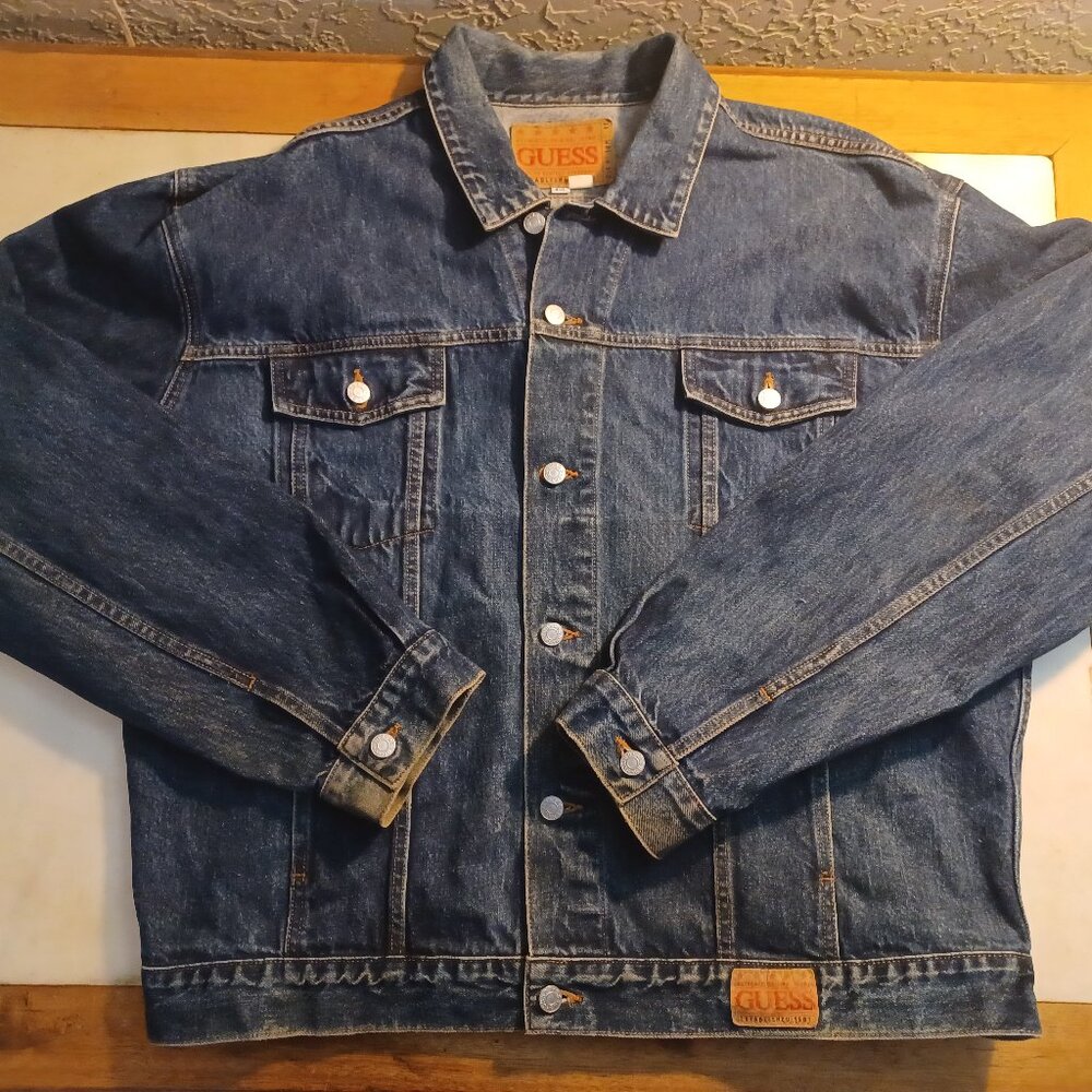 VTG Guess Denim Trucker Jacket Mens 4XL 90s Blue Jean Jacket Heavyweight Faded